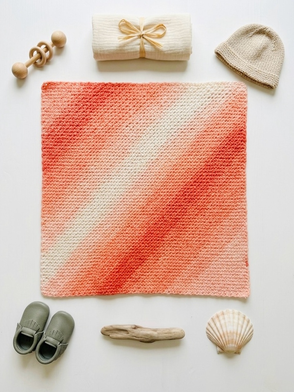 Vintage Hand Knit Ombré Baby Blanket Sunset Orange Peach Cream Stroller 25 x 25